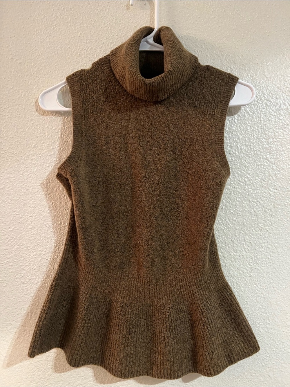 White House Black Market Brown Sleeveless Turtleneck Peplum Sweater Top
